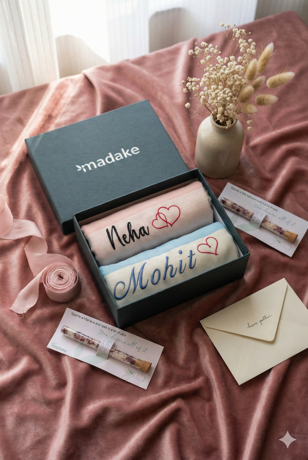 Valentine Special Set of two thin towel with free personalization & heart emoji with OPTIONAL add on's