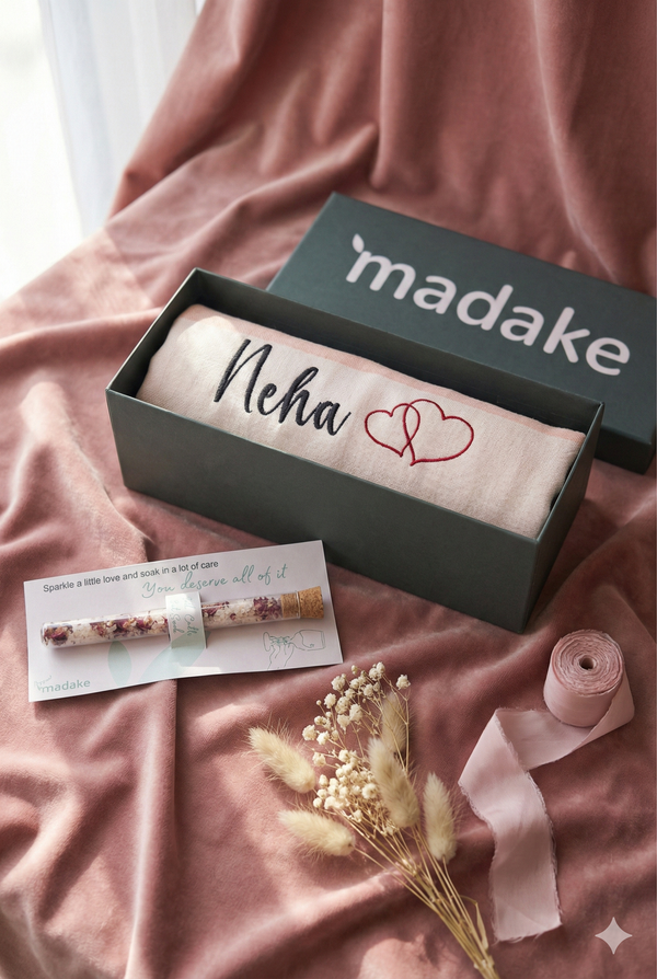 Valentine Special thin towel with free personalization & heart emoji with OPTIONAL add on's