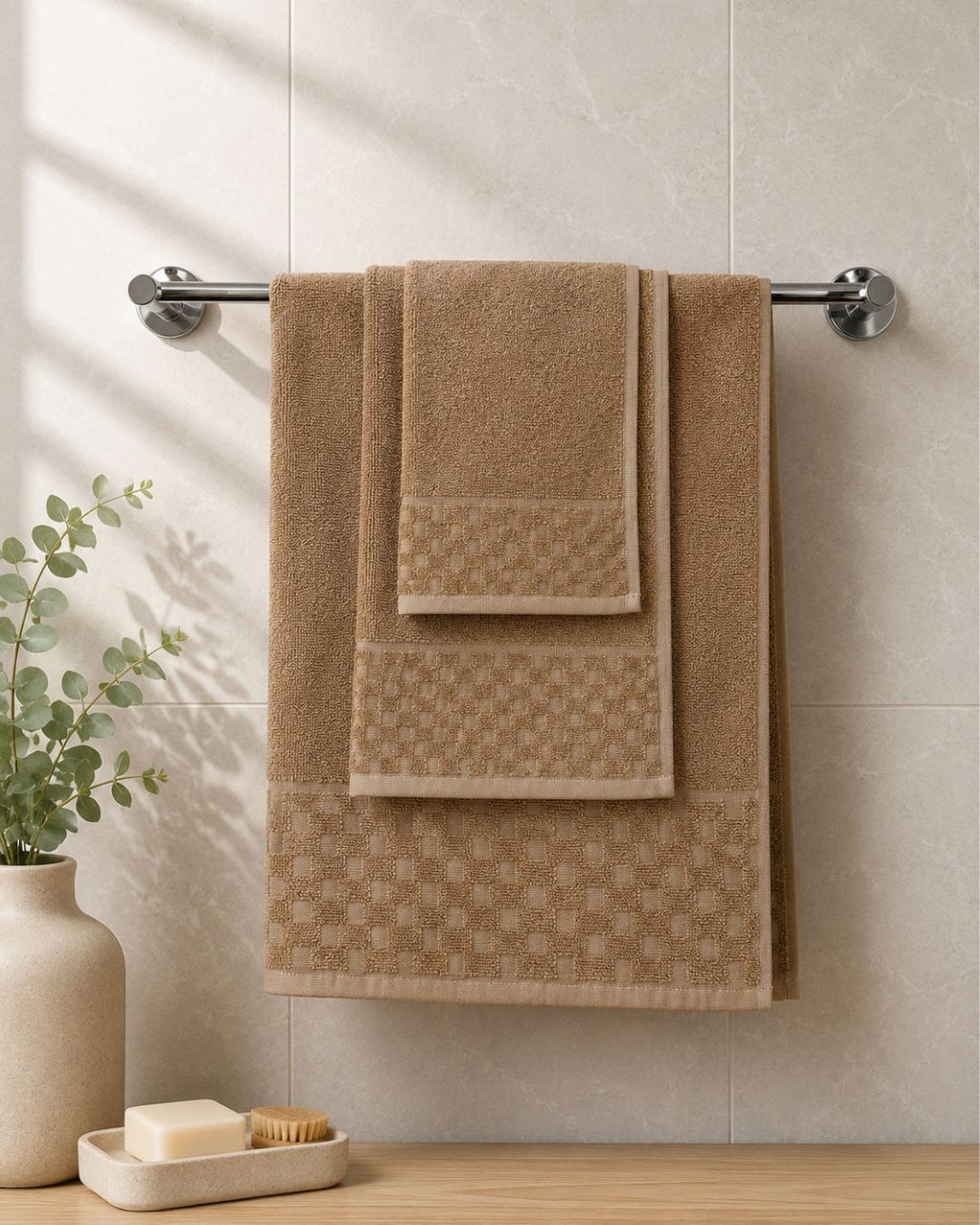 Bamboo Fluffy Bath set, 1 Bath 560 GSM , 1 Hand and 2 face towel Terry 480 GSM- Sweet Caramel