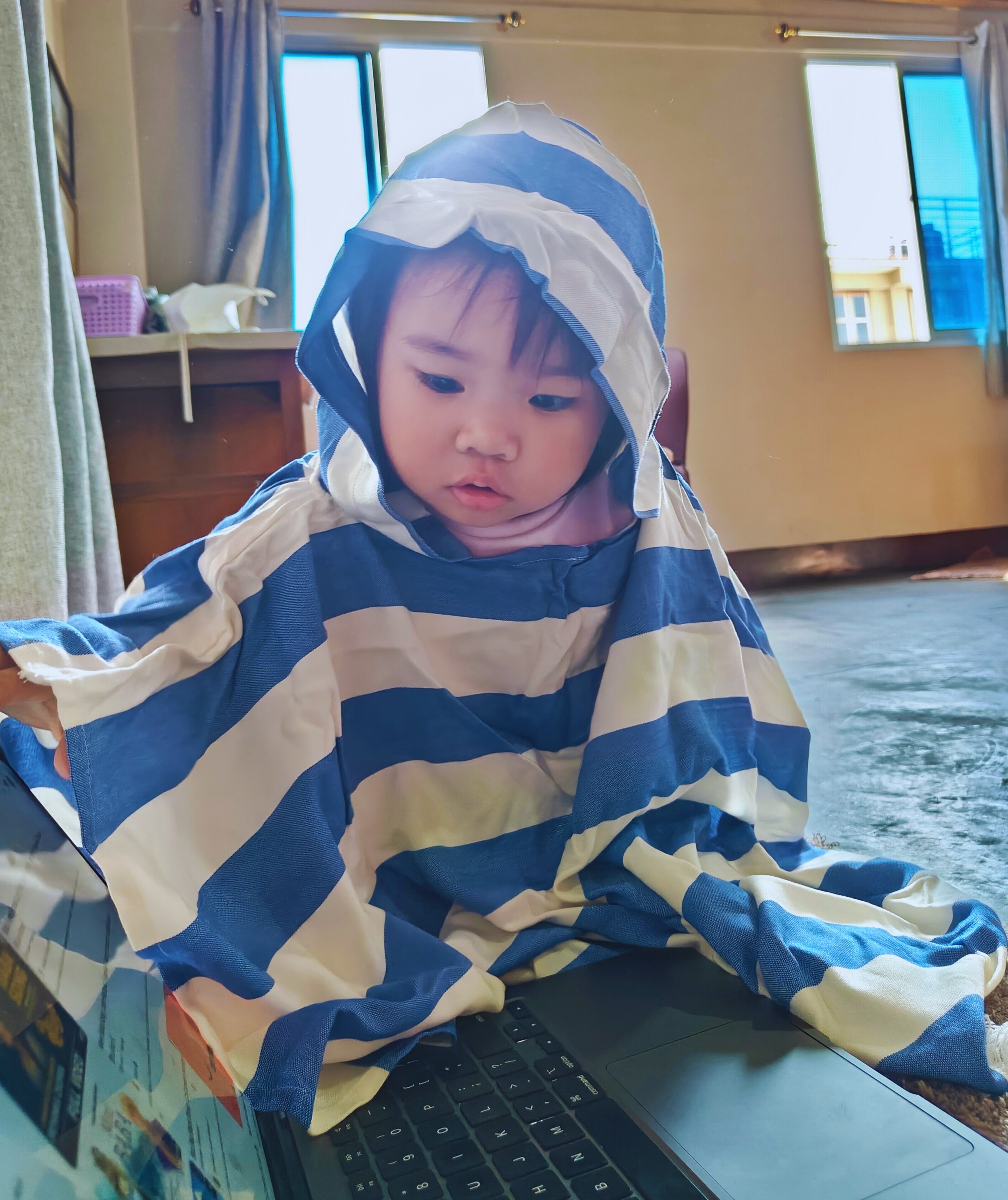 Personalized Thin Bamboo Baby Poncho- Vacation Blue