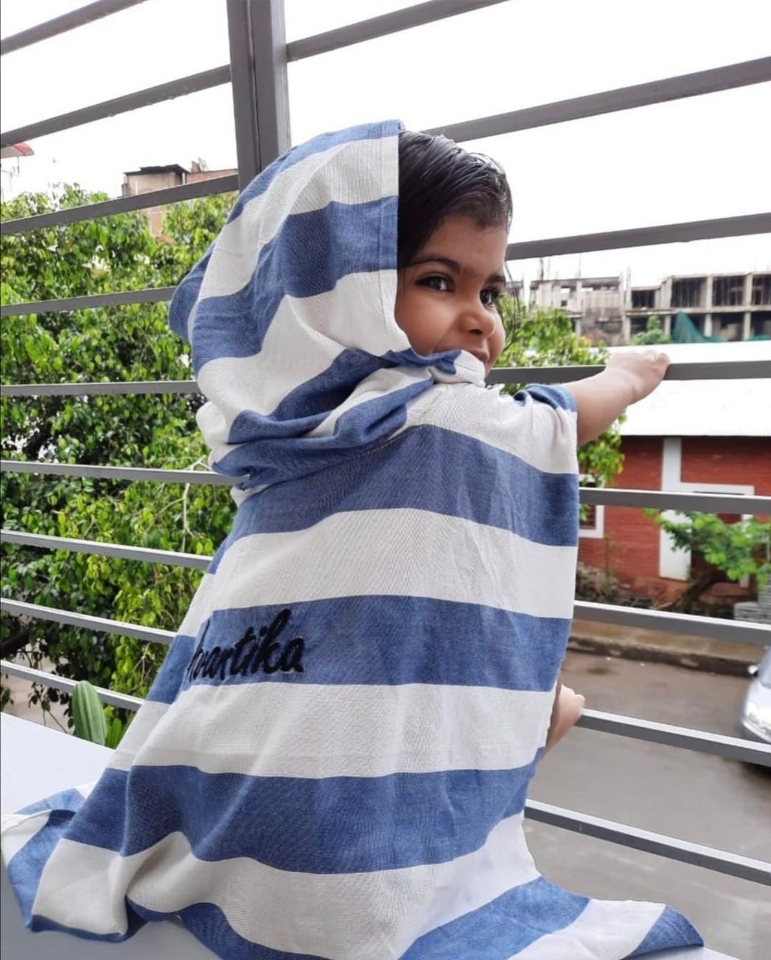 Personalized Thin Bamboo Baby Poncho- Vacation Blue